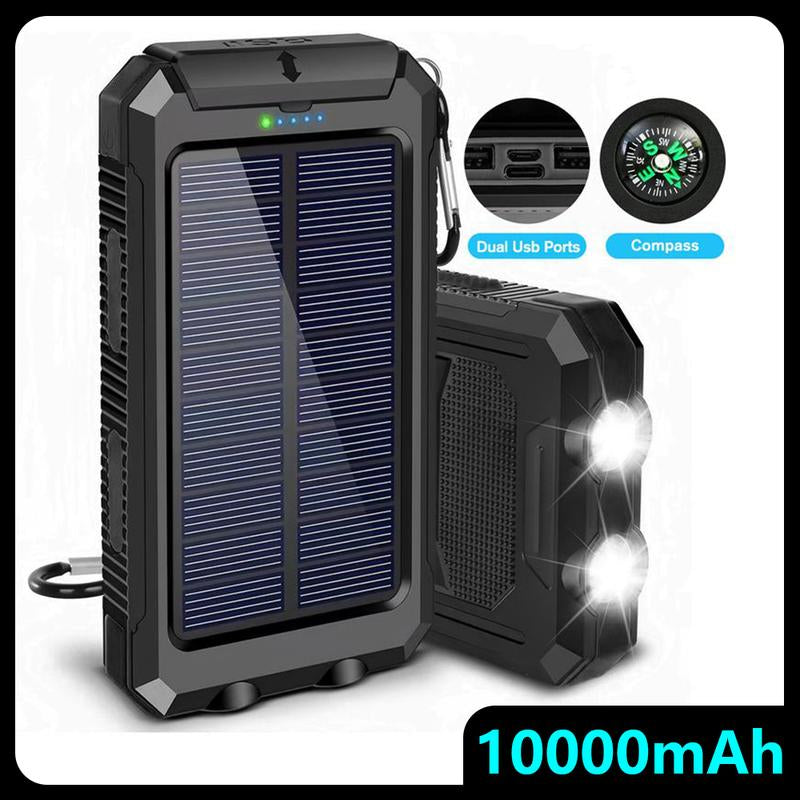 New Year Gift-Solar Charger Power Bank 10000Mah Solar Phone Charger, Portable Charger Fast Charger Dual USB Ports Built-In LED Flashlight and Compass, IP65 Waterproof Portable Power Bank for Outdoor Activities